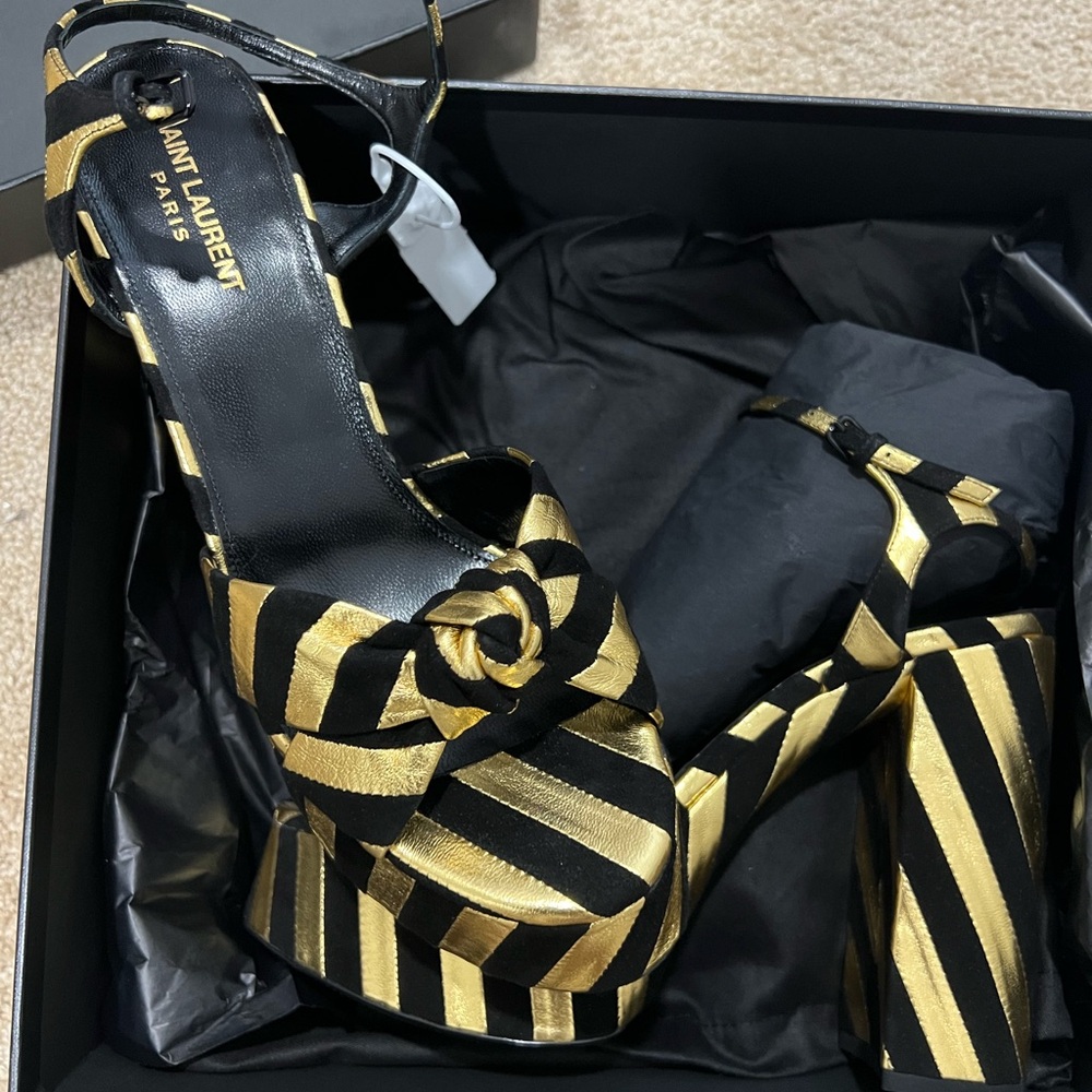 Saint Laurent Black and Gold Striped Platform Sandals